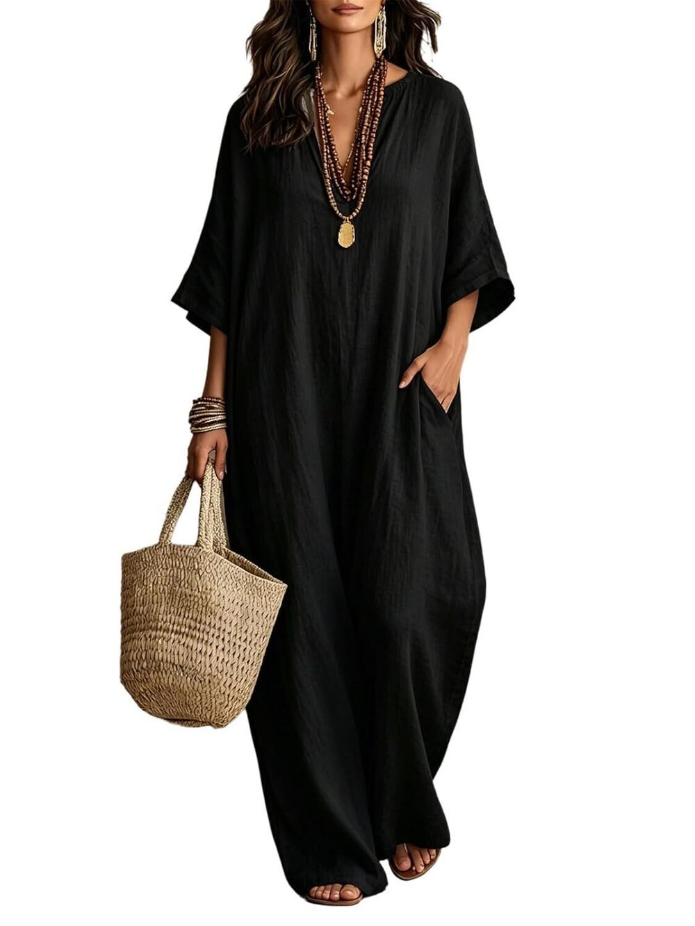 Boho Linen Maxi Kaftan Dress Women V-Neck Batwing Sleeve